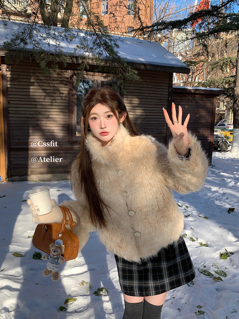 迟伞伞 23/fw Airmail香槟特调进口混色托斯卡纳纽扣环保皮草外套