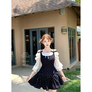 丹宁少女 蝴蝶结系带波点棉质牛仔吊带裙时髦短裙春 迟伞伞