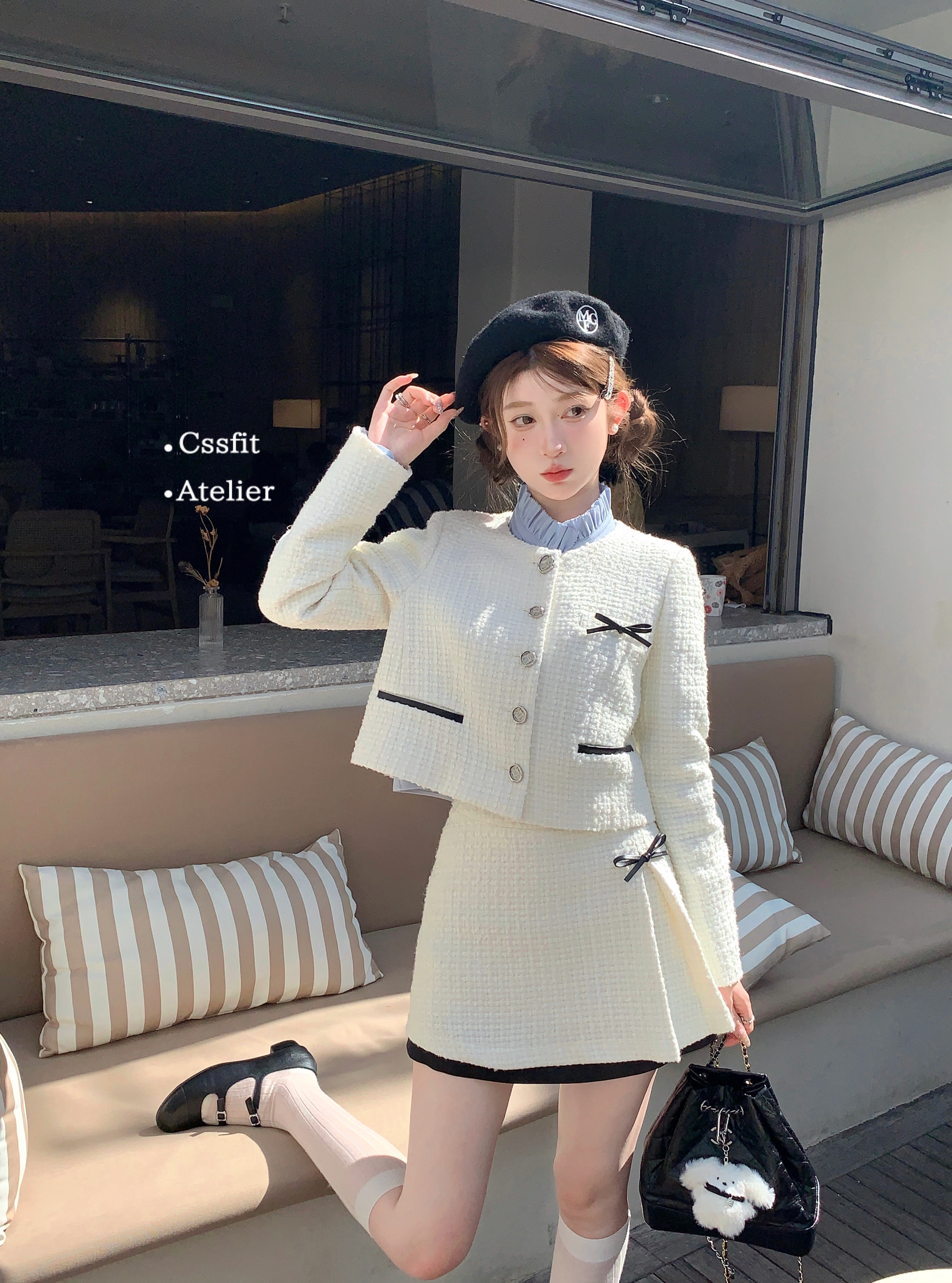 迟伞伞拼皮蝴蝶结小香风外套套装