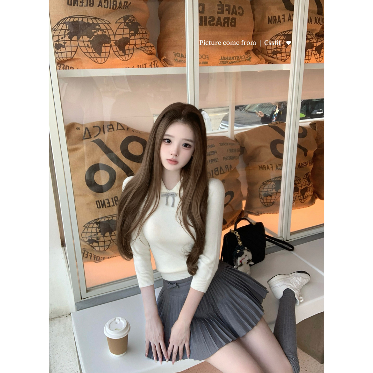 迟伞伞26/ss 见习女团 peterpan翻领撞色蝴蝶结七分袖羊毛针织衫