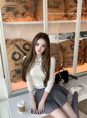 迟伞伞26/ss 见习女团 peterpan翻领撞色蝴蝶结七分袖羊毛针织衫