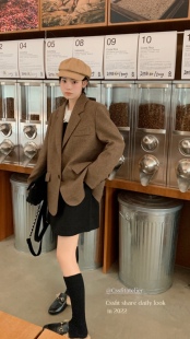 细格纹大衣复古学院风套装 迟伞伞 外套式 羊毛西装 柴斯伍德