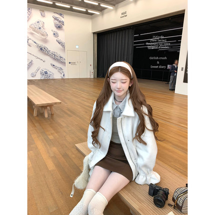 迟伞伞25/fw 白茶之梦 乳白抽绳拉毛oversiezed呢大衣简约外套女