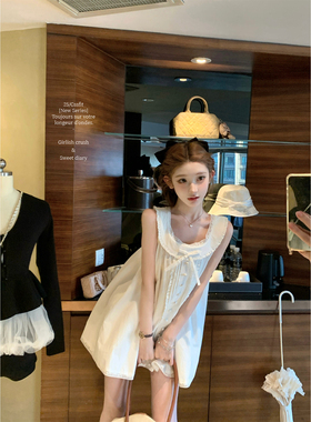 迟伞伞25/fw 南洋初恋 free peop*无袖娃娃领蝴蝶结纯棉小白裙