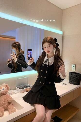 迟伞伞双排扣黑色西裝外套套装