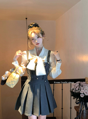 迟伞伞 布拉格恋人 蝴蝶结花边收腰衬衫sst风木耳边背带裙短裙女