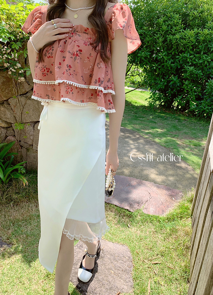 【迟伞伞】白色蕾丝拼接半身裙女夏高腰不规则设计半裙