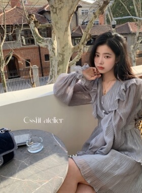 迟伞伞 精致lady高级感 蓝灰色连衣裙2023新款长袖雪纺仙女裙