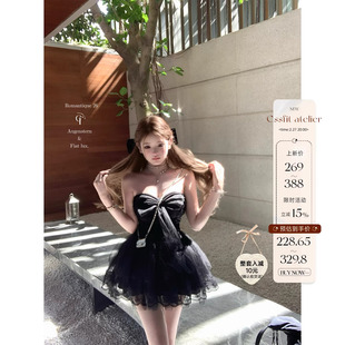 迟伞伞26/ss 天鹅古堡 蝴蝶结黑色抹胸吊带裙蓬蓬纱质收腰连衣裙