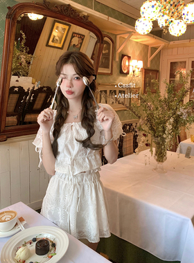 迟伞伞 25/ss Ethereal马赛天丝刺绣套装提花泡泡袖上衣绑带半裙