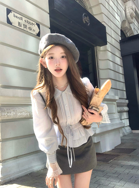 迟伞伞25/ss 少女函书 蓝色天丝娃娃领系带花边长袖衬衫甜美上衣