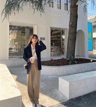 Table特殊色 橄榄卡其飒飒高腰拖地西裤