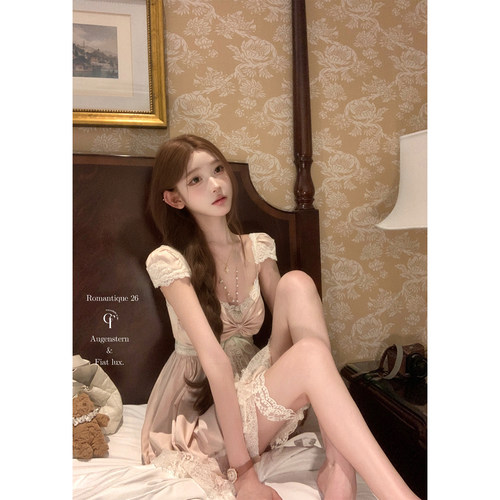 迟伞伞26/ss 绯月莓莓 Ch1oe少女粉色蕾丝花边无袖系带连衣裙短裙