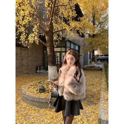 迟伞伞 雪国初霁 定染燕麦栗整皮腹毛狐狸毛皮草贵气短款外套