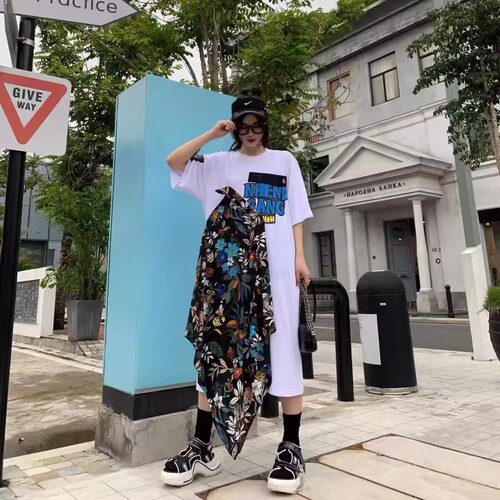 GG潮牌宽松拼接网纱中长连衣裙