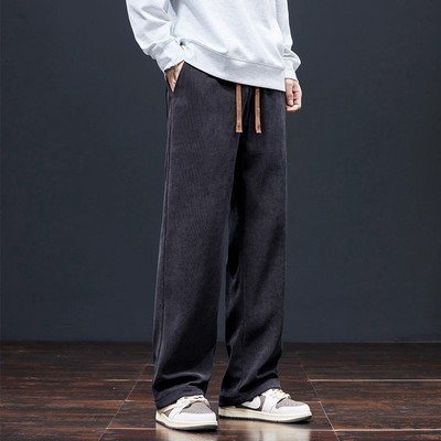 男士秋冬季休闲卫裤垂感男款运动直筒宽松灯芯绒加绒黑色长裤子