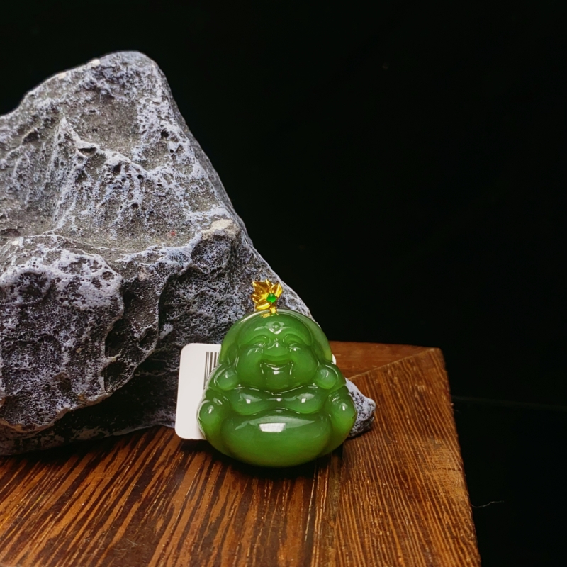 【巧润珠宝】天然和田碧玉老料阳绿佛公吊坠锁骨精美项链送礼闺蜜