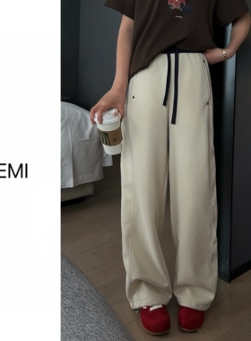 MISS RUILI 定制 春季新款拼接撞色铆钉抽绳休闲阔腿弯刀裤F1710