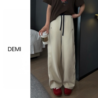 MISS RUILI定制 春季新款拼接撞色铆钉抽绳休闲阔腿弯刀裤F1710