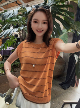 MISS RUILI定制  夏季新款宽条纹针织衫女短袖圆领套头上衣F2083