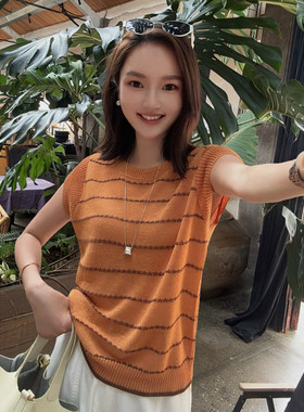 MISS RUILI定制  夏季新款宽条纹针织衫女短袖圆领套头上衣F2083