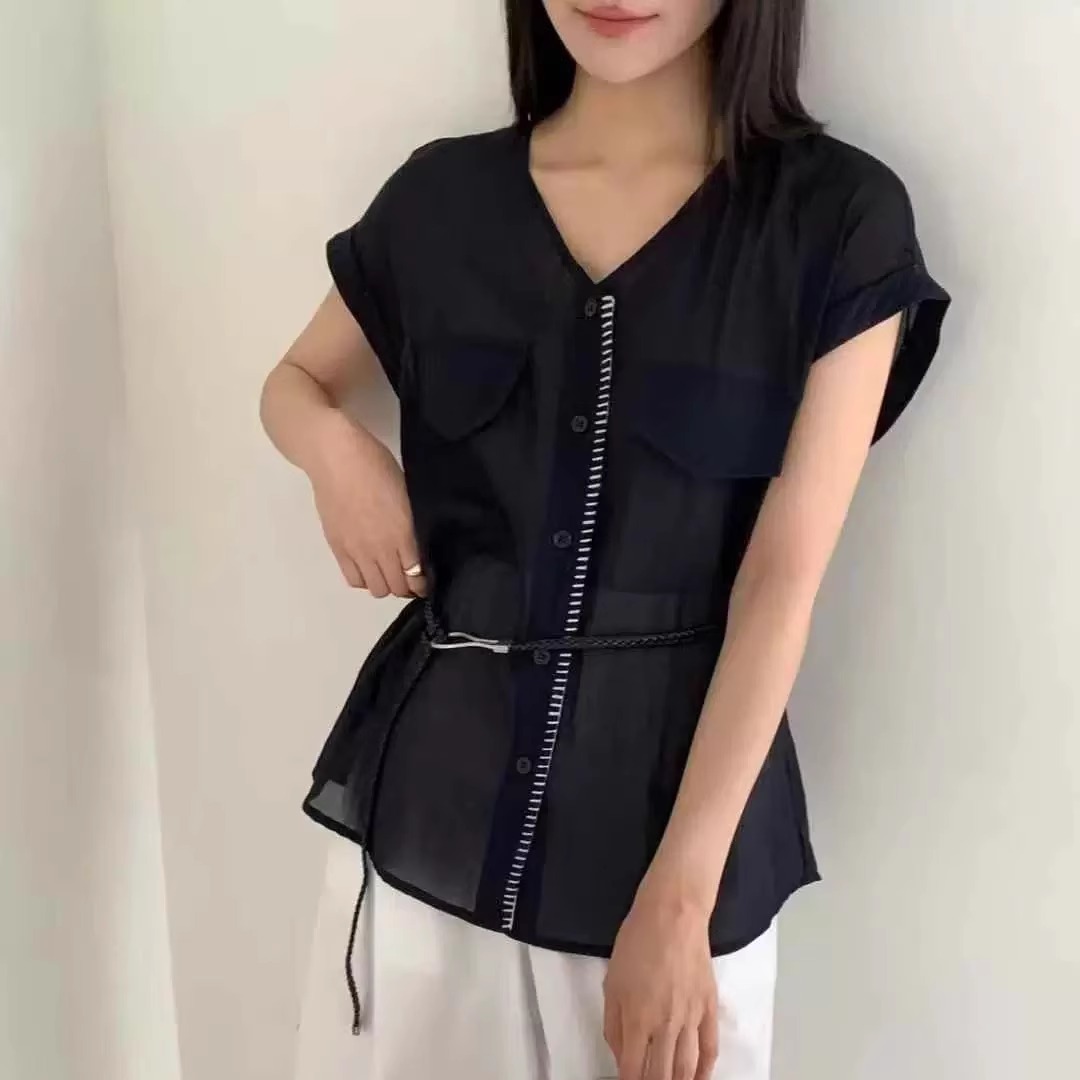 韩系V领系带衬衫女夏新款