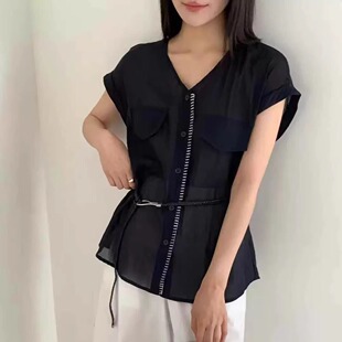 MISS RUILI 定制 韩系V领系带衬衫夏兰精天丝设计感上衣F0832