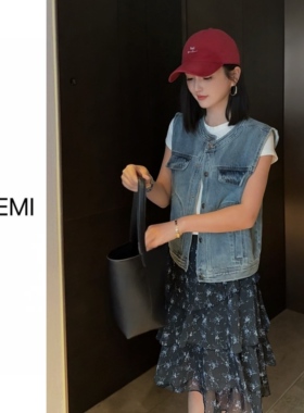 MISS RUILI定制 春季新款港风复古圆领叠穿无袖坎肩牛仔马甲F1792