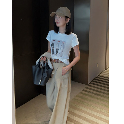 MISS RUILI定制 新款韩版美式复古风可乐印刺绣花短袖T恤F1844