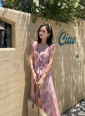 MISS RUILI定制 新款韩系印花收腰显瘦荷叶边吊带气质连衣裙F2067