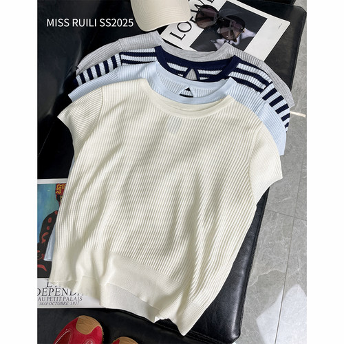 韩版条纹圆领短袖针织上衣F0253