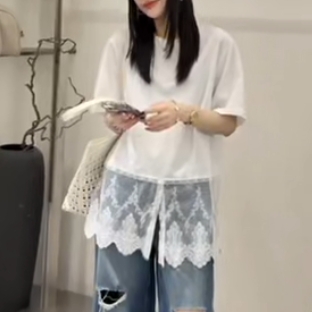 百搭宽松显瘦蕾丝拼接短袖