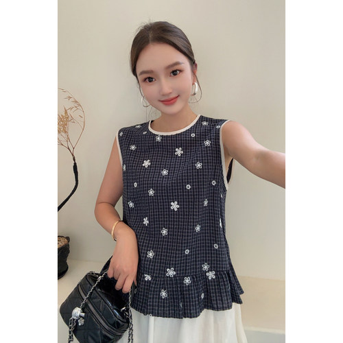 MISS RUILI定制  新款韩系花朵刺绣荷叶边无袖背心宽松上衣F2345