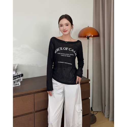 MISS RUILI定制   新款字母印花露肩休闲通勤简约长袖T恤F2380