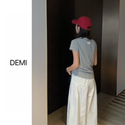 MISS RUILI定制 春季新款基础纯色搭配舒适T恤正肩短袖上衣F1805