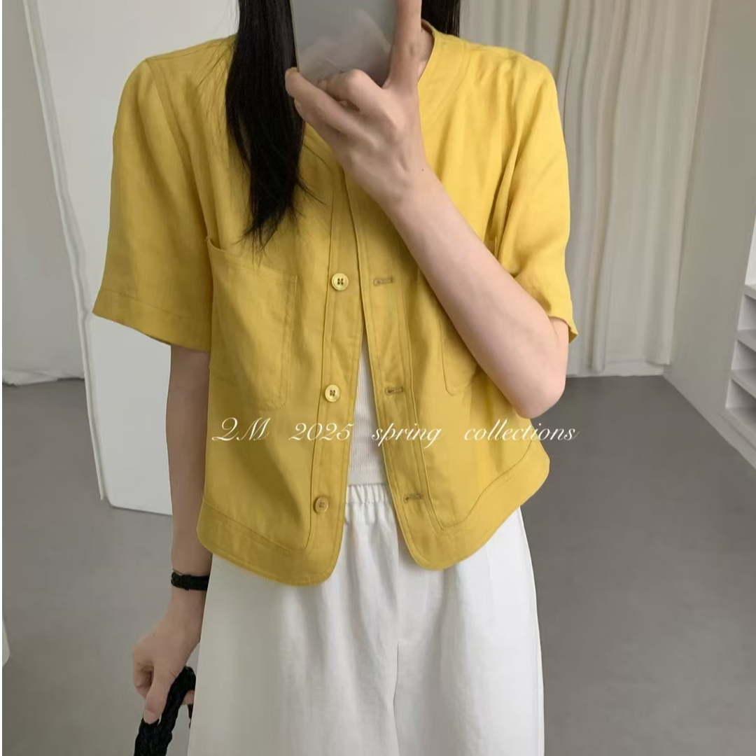 韩版时尚休闲简约双口袋短袖衬衫