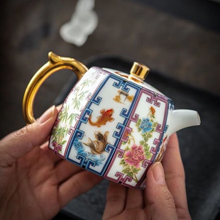 珐琅彩茶壶功夫茶具泡茶器中国白描金冲茶壶新款瓷器六方壶带过滤