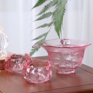 稳逸日式透明粉功夫茶具国潮风盖碗琉璃杯女主人杯品茗杯女士冰冻