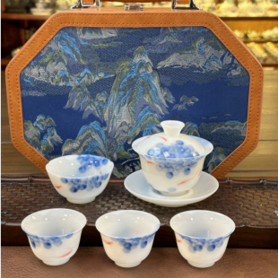 家用茶器送人送礼 冰种璞玉鱼戏莲叶三才盖碗加三杯主人杯礼盒装