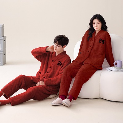 2025春季半边绒开衫睡衣女保暖加厚新款情侣家居服可外穿男士套装
