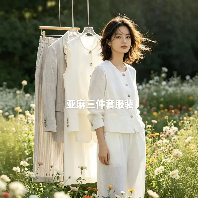 夏季亚麻透气女西装阔腿三件套