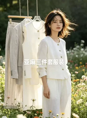 夏季亚麻透气女西装阔腿三件套