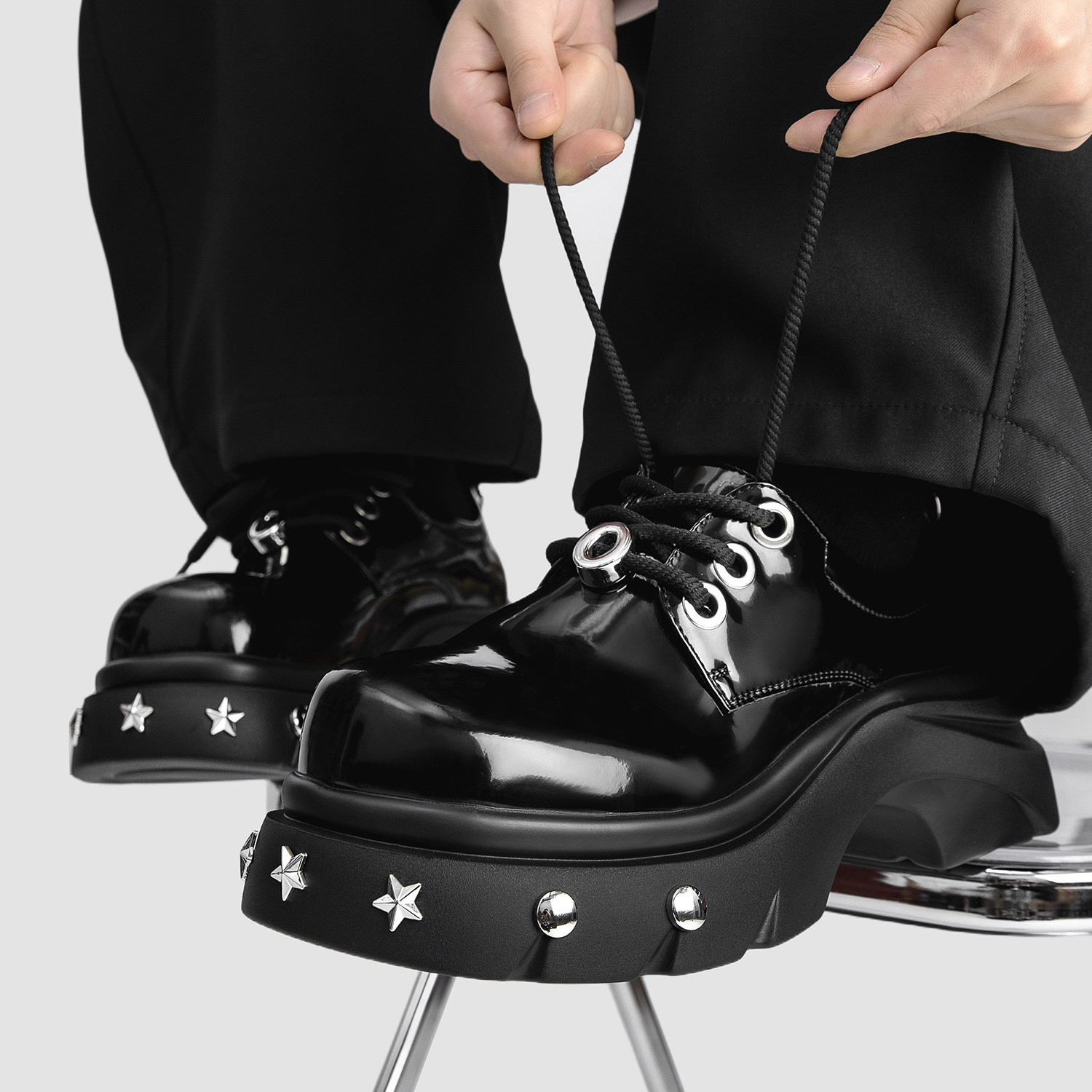 暗黑巴黎5cm厚底金属增高皮鞋男款朋克铆钉铁头德比鞋百搭休闲鞋