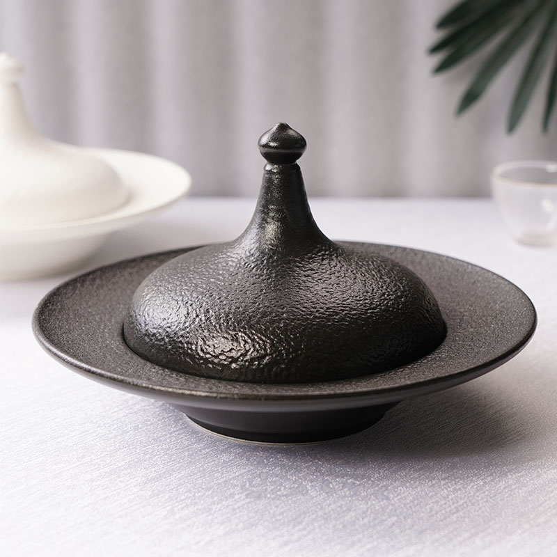 创意陶瓷餐具石头纹黑白色皇冠汤盅磨砂带盖西餐汤盘汤碗简约风格
