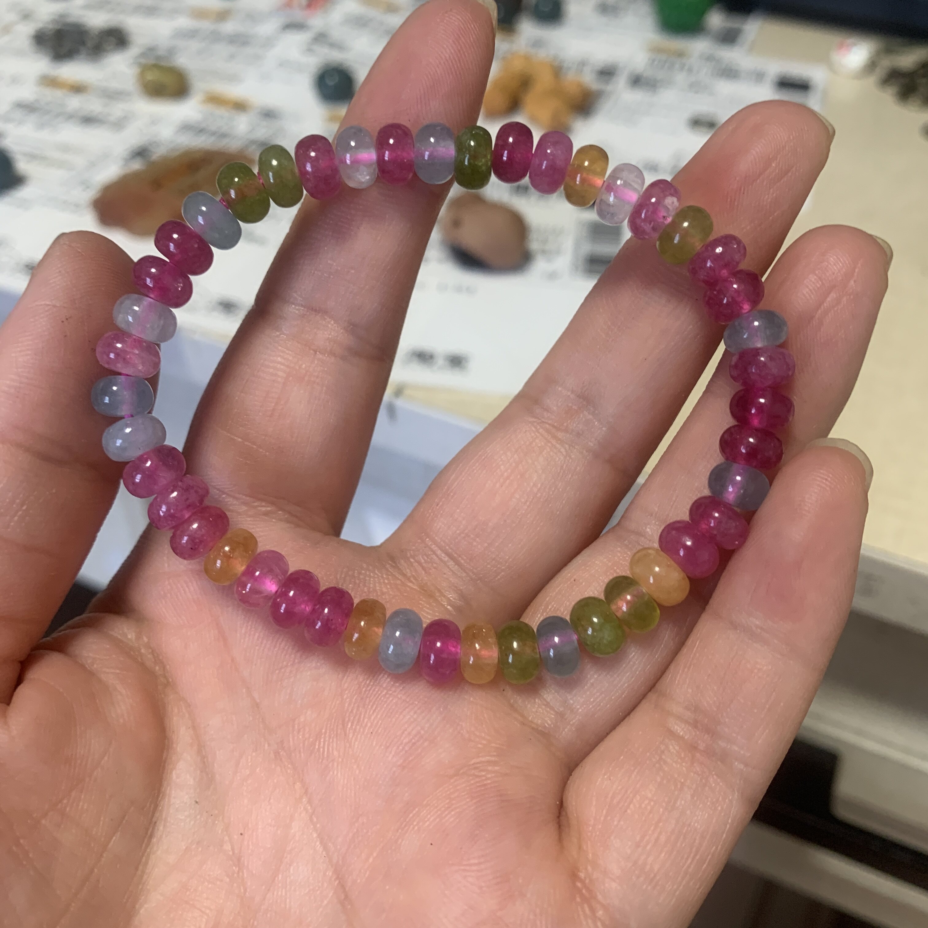 天然彩色碧玺算盘珠手链女轻奢小众精致平安扣吊坠手串送闺蜜礼物