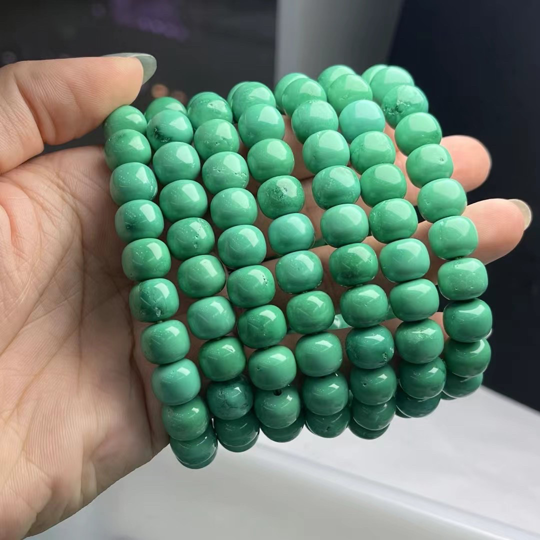 原矿天然高瓷绿松石老型手串桶珠男女款手链单圈多圈鼓珠配饰正品