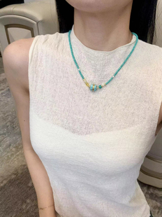 松石色小米珠链3毫米，搭配菱镁矿汉堡珠，天然蜜蜡，天然珍珠