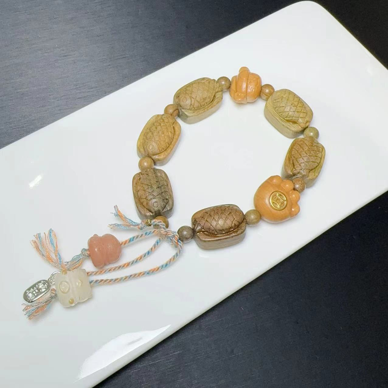绿檀木鱼排手链，檀木猫爪，财神，招财猫