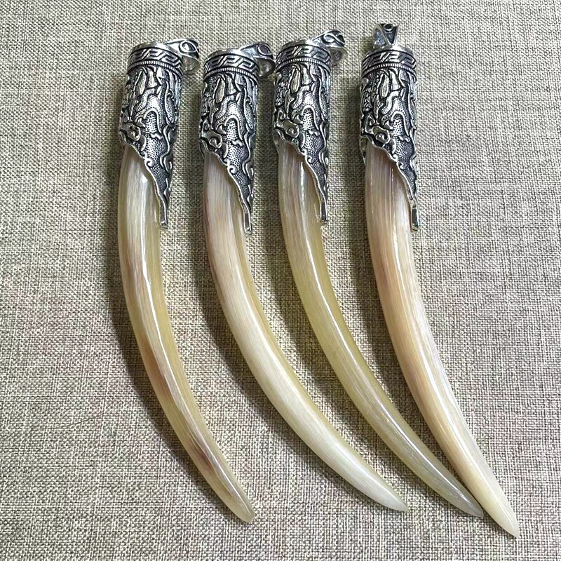 天然西藏保真高端羊角摸金校尉符吊坠古玩杂项古银镶嵌挂件古董收