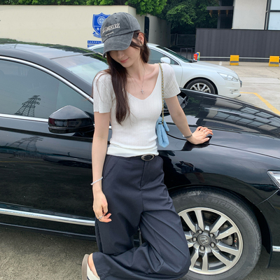 设计感坑条V领针织短袖t恤女夏新款修身显瘦绝美漂亮上衣